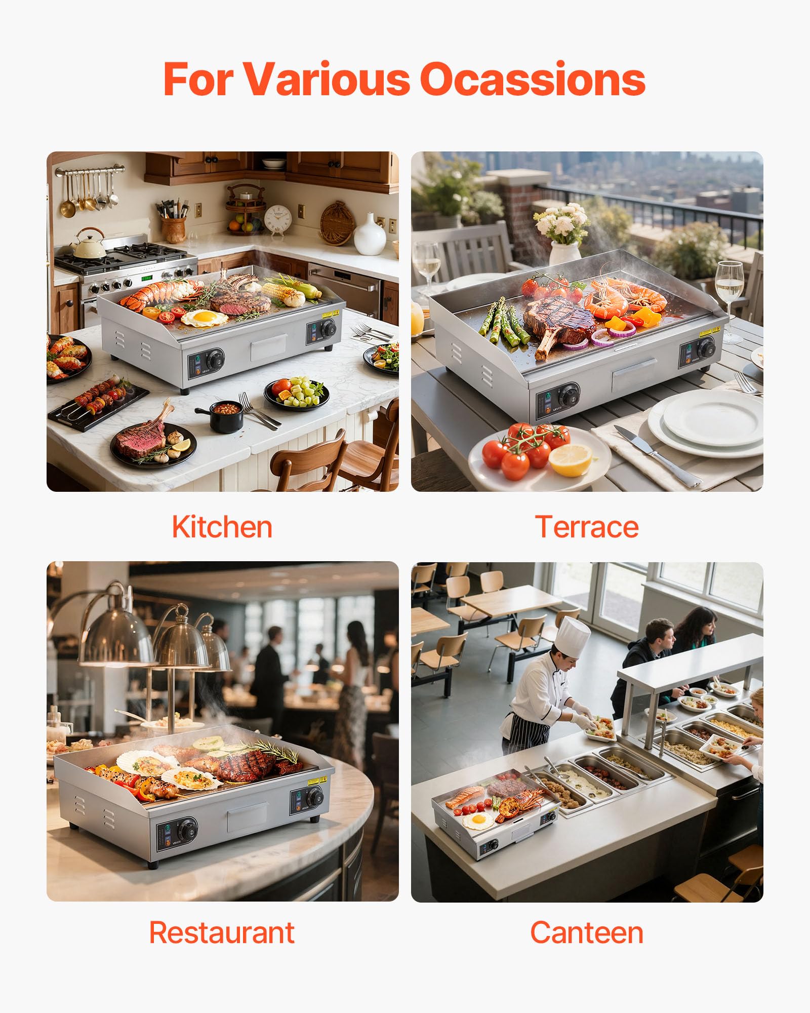 VEVOR Piastra per BBQ Elettrica Commerciale 655 x 400 mm 4000 W, Temperatura Regolabile, Griglia Piatta da Banco per Cottura BBQ Carne, Griglia da Banco con Accessori per Bistecche, Senza Spina