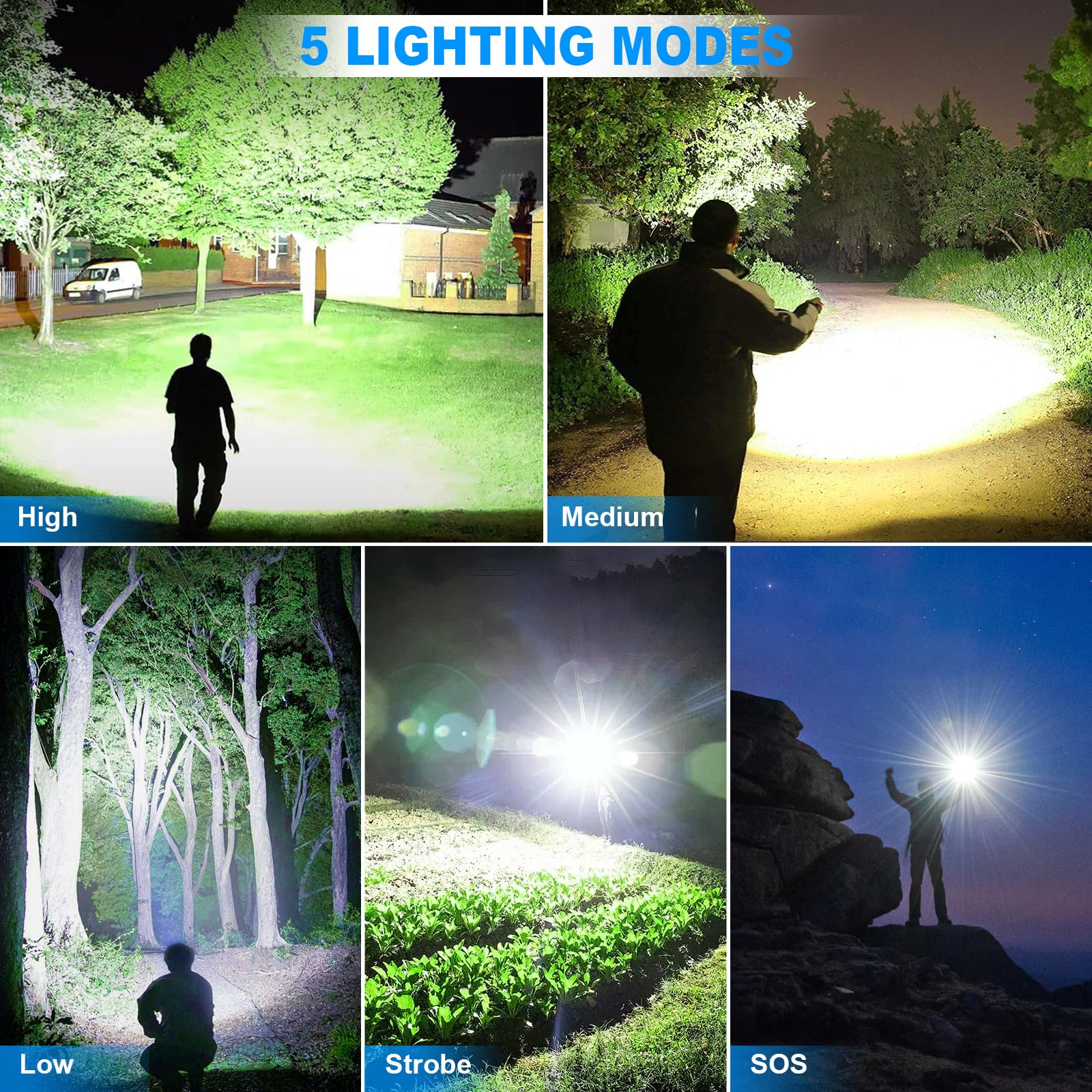 KINGCAESAR Linternas recargables de alto lúmenes, paquete de 2 linternas superbrillantes de 9000 lúmenes, linterna LED de 5 modos, IPX7 impermeable, potente luz de flash para el hogar, actividades al