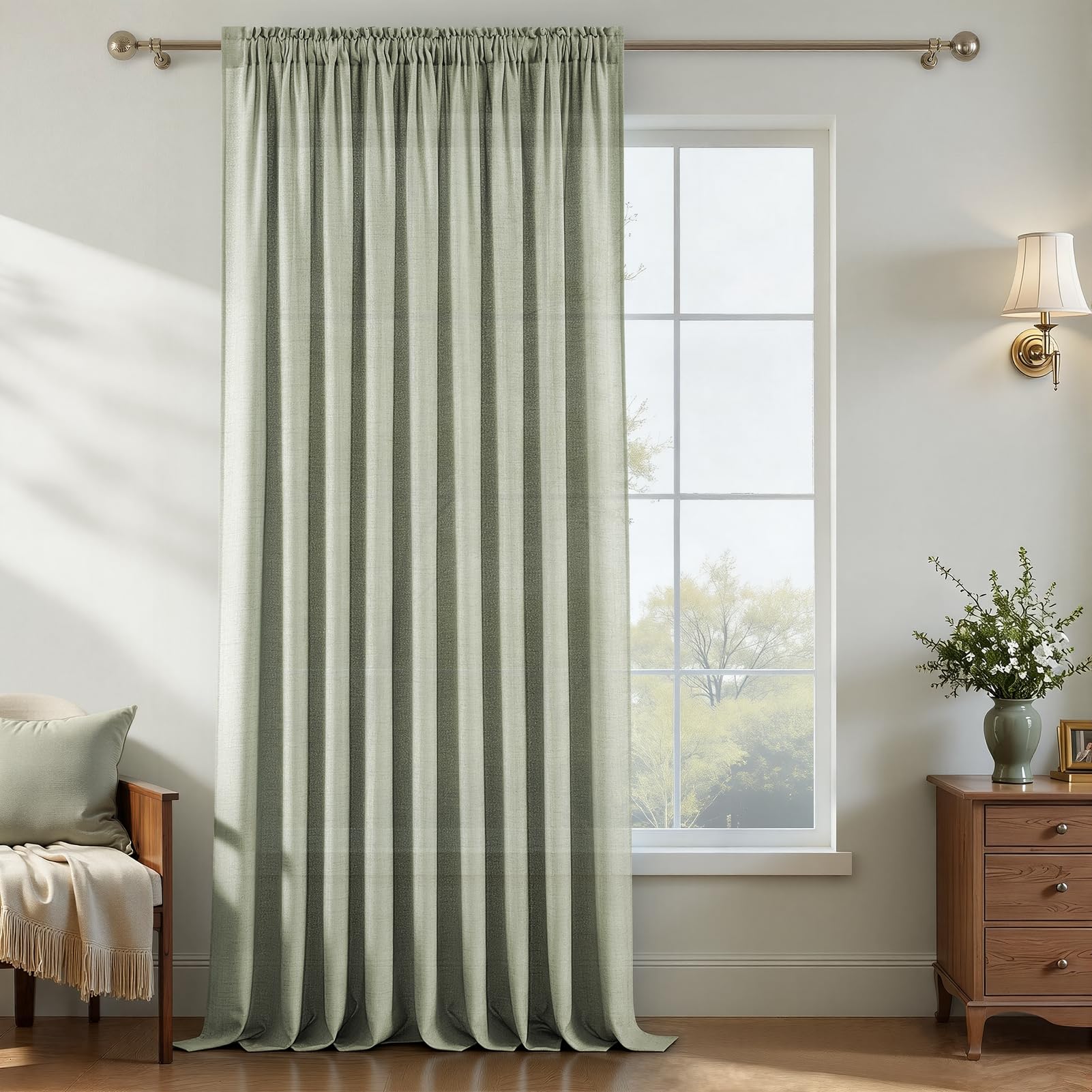 MRTREES Sage Green Semi-Transparent 1 Piece Linen Look Curtain 240x200 cm