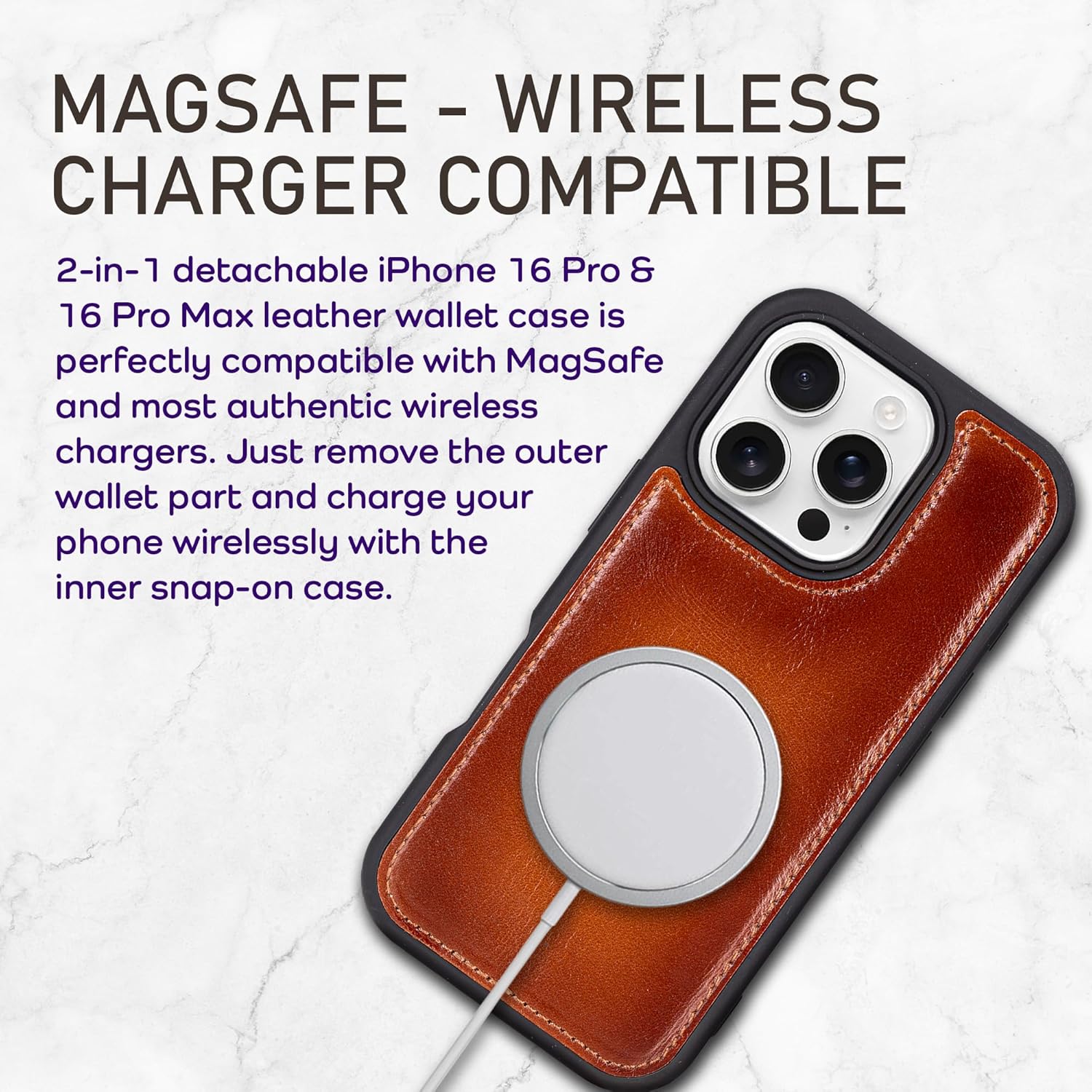 Bayelon Wallet Case for iPhone 16 Pro 6.3", Full Grain Leather Wallet Case, Detachable Magnetic Flip Folio Cover, Card Holder, MagSafe Compatible, RFID Blocking Case (Rustic Tan) - Image 6