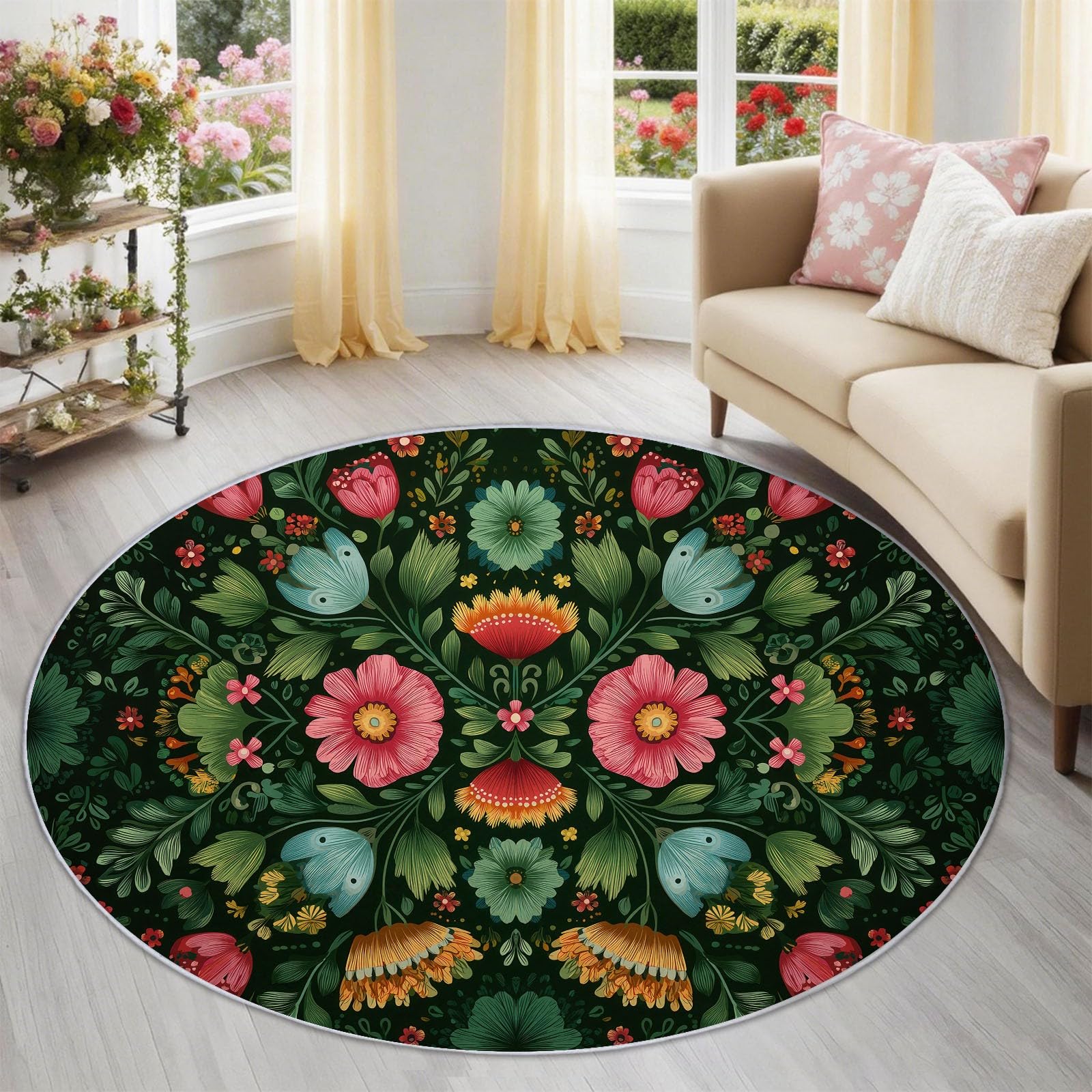 Floral Leaf Round Area Rug 160 cm, Dark Green Tradition Art Plant Washable Non-Shedding Circle Floor Mat, Non-Slip Play Mat for Kids Room Nursery Playroom