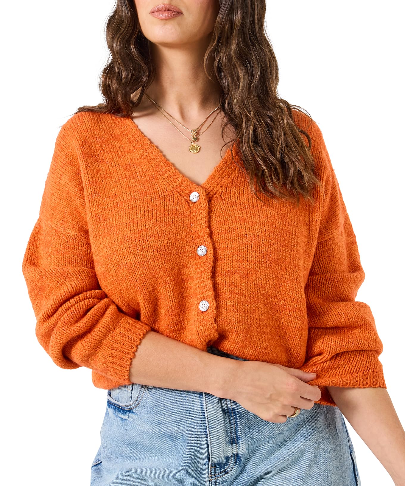 Joe Browns Women's Orange Button Front Long Sleeve V-Neck Cardigan Sweater In | Size: 8