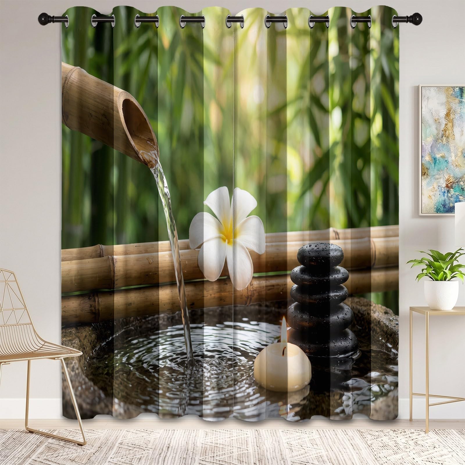 Générique Lot de 2 Rideaux à Japonais 110L X 215H cm (2 Panneaux), Rideau Occultant Motif Zen Spa Vert, Rideaux Thermiques à Oeillets Décoration pour Salon Chambre Salle à Manger