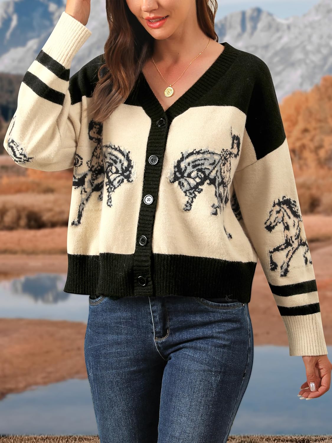 MYMORE Women's ❷⓿❷❺ Western Cowgirl Graphic Cardigan Sweaters Color Block Cowboy Print V Neck Button Up Cardigans Sweater - Image 3