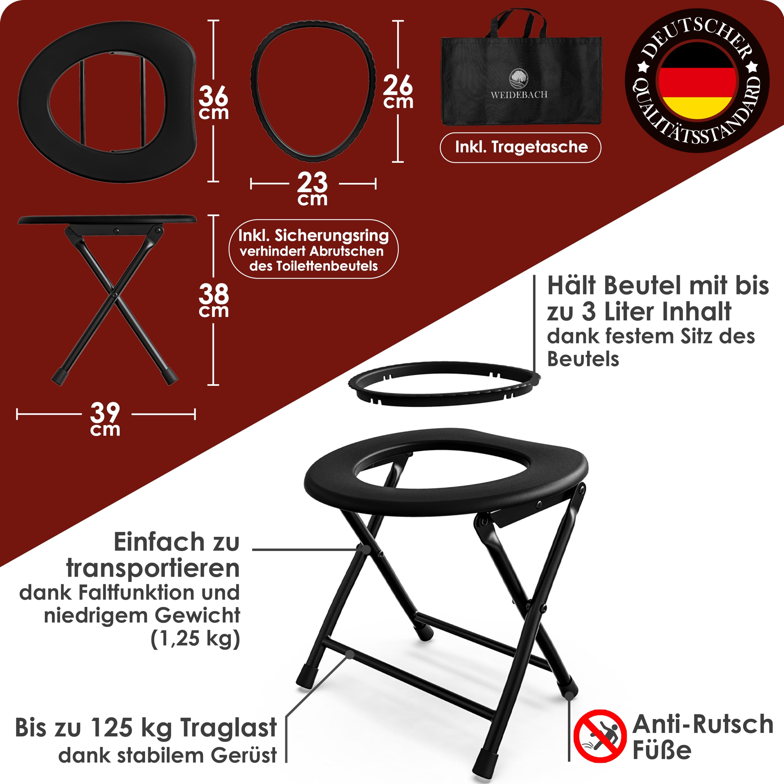 WEIDEBACH® Stabiel campingtoilet met laag gewicht, eenvoudig WEIDEBACH® Stabiel campingtoilet met laag gewicht, eenvoudig
