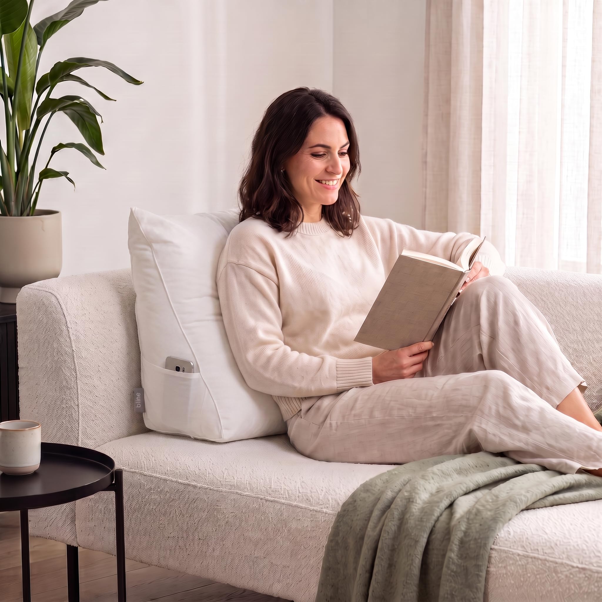 Bline Coussin de Lecture Blanc, Coussin Dossier Ergonomique en Mousse a Memoire de Forme pour Lire au Lit ou sur Le Canape, Housse Coton Lavable, Pochette Livre