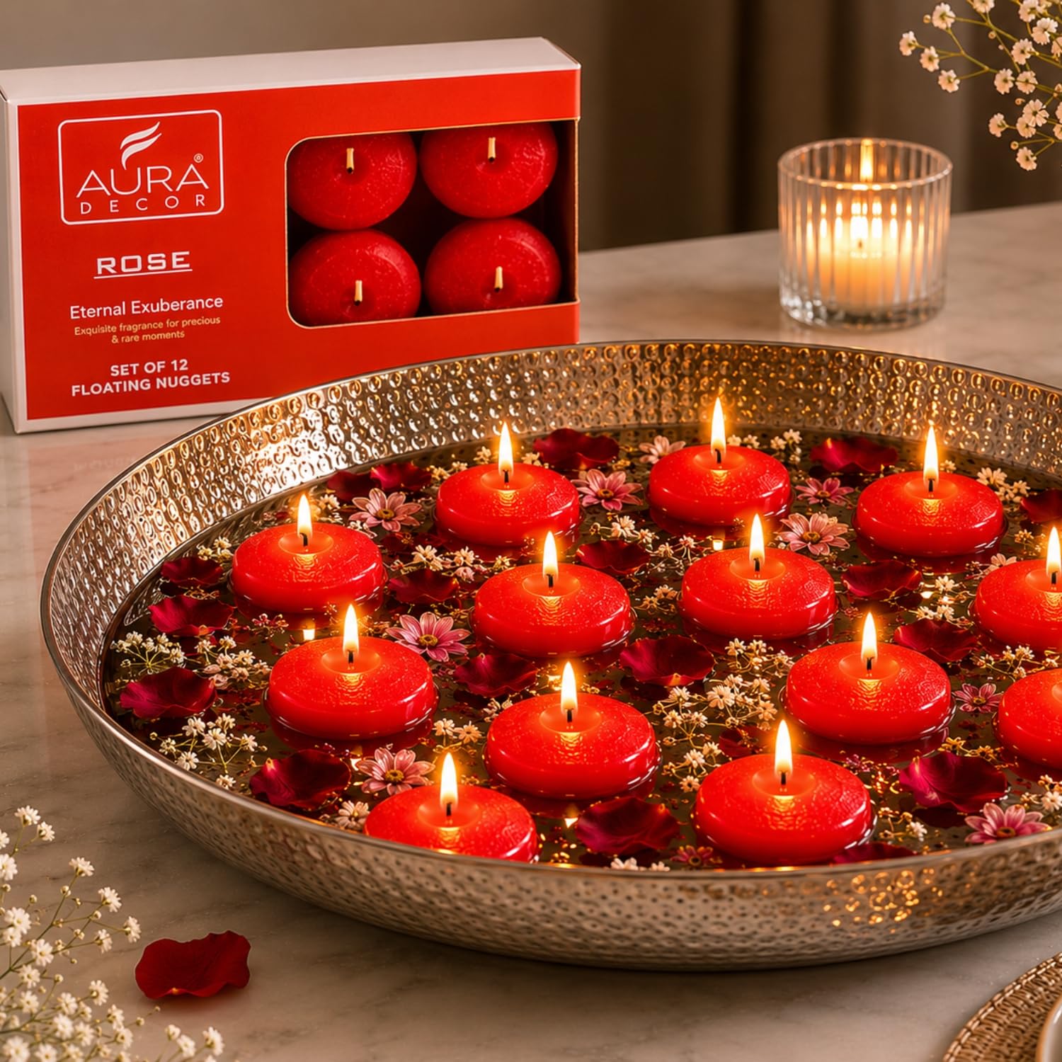 AuraDecor Nuggets Scented Floating Candles || Aromatherapy || Water Floating Candle || Home Decoration || Burning Time 3 Hours (Set of 12) (𝗥𝗼𝘀𝗲)-image-15