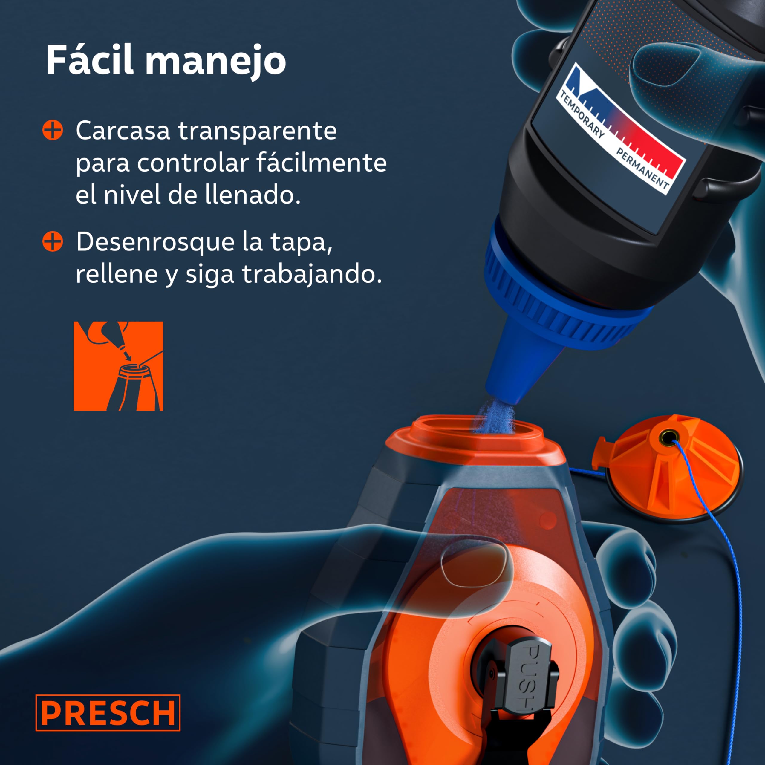 PRESCH Tiralineas de 30m incl. tiza azul (150g) - Rápida retracción gracias al engranaje 6:1 - Fácil de limpiar para marcas temporales - Cordón robusto para líneas precisas