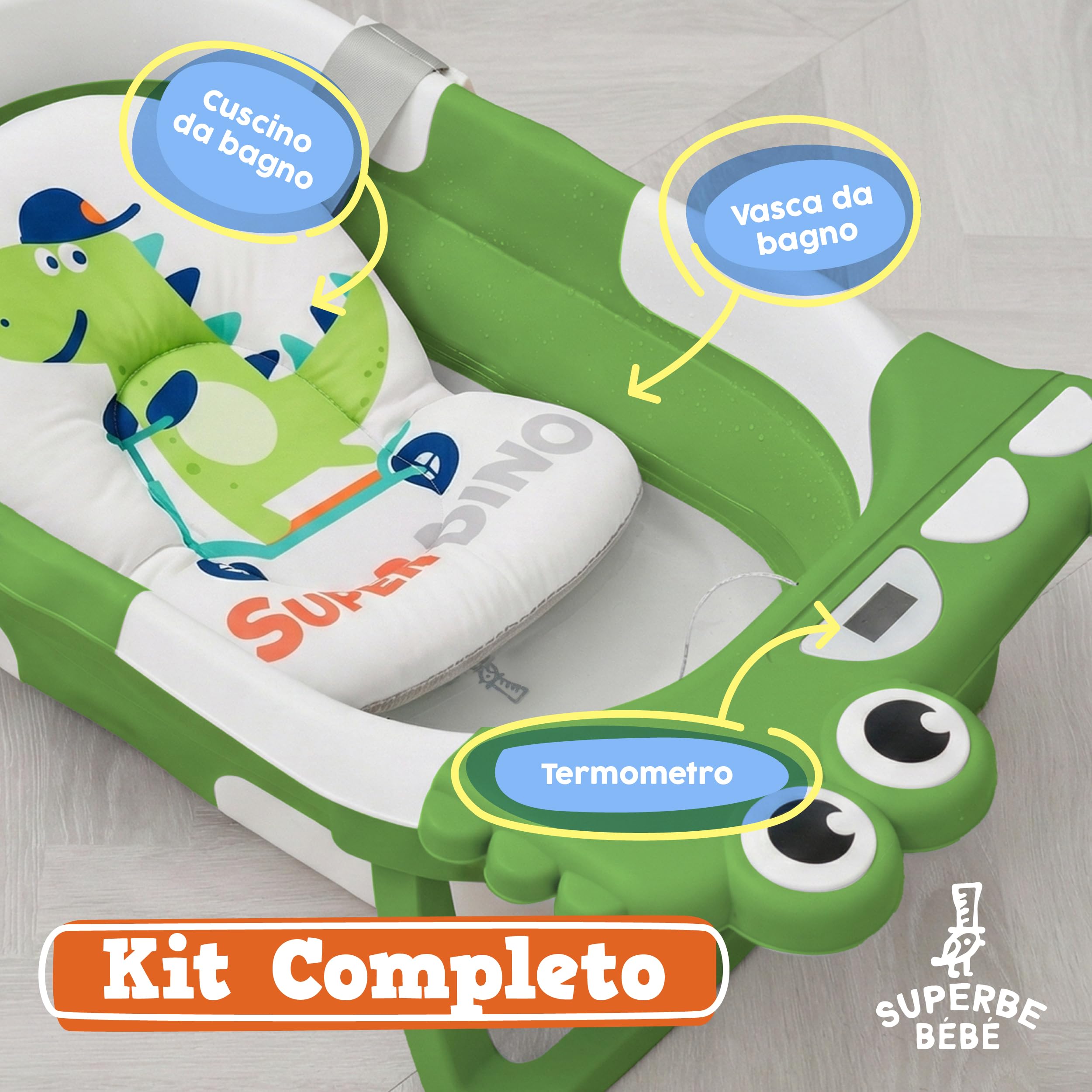 Vasca da bagno pieghevole con cuscino da bagno e termometro incorporato, vasca da bagno per bambini con supporto vasca da bagno in omaggio, ideale per regalo di nascita, ragazza o ragazzo, dalla