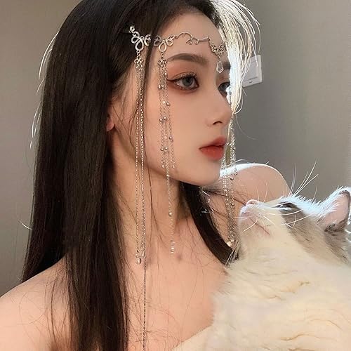 Miniatura 3 de E EMZHOLE Diadema de estilo étnico con cuentas, cadena de pelo de hada para la frente, diadema de cristal, cortina facial, accesorios para el