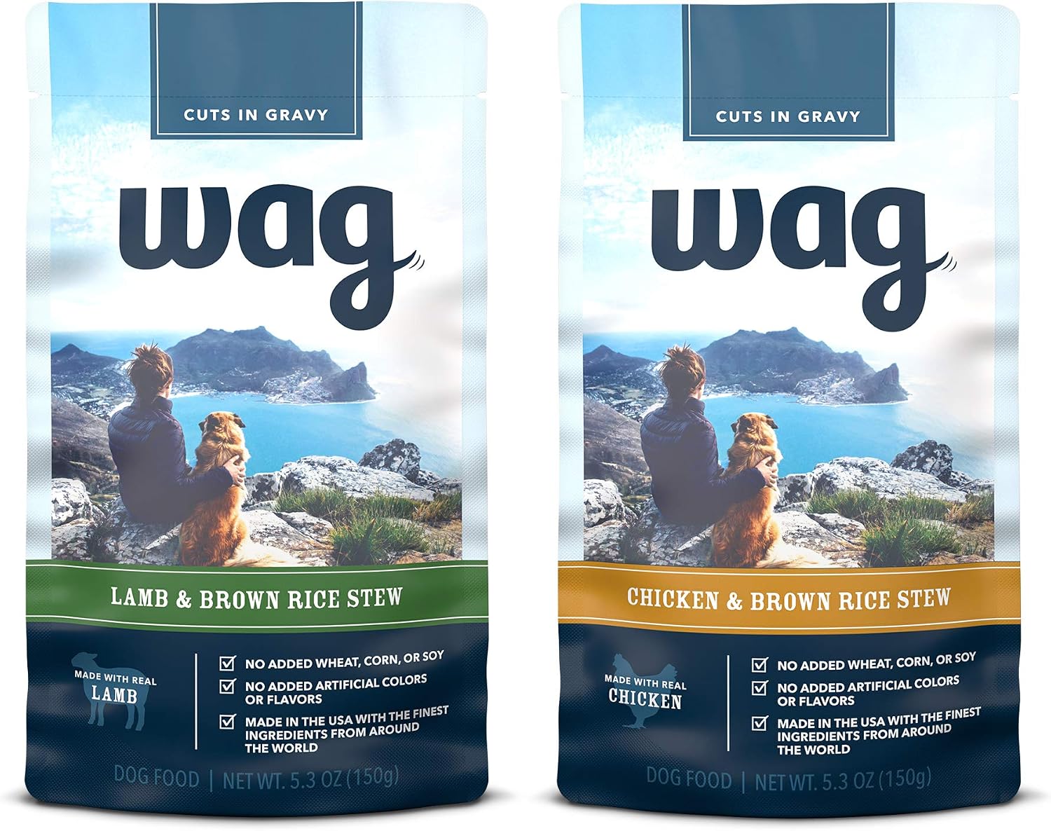 Amazon Brand - Wag Wet Dog Food Topper, Chicken & Lamb Brown Rice Stew in Gravy Variety Pack, 5.3 Oz Pouches (Pack of 24)