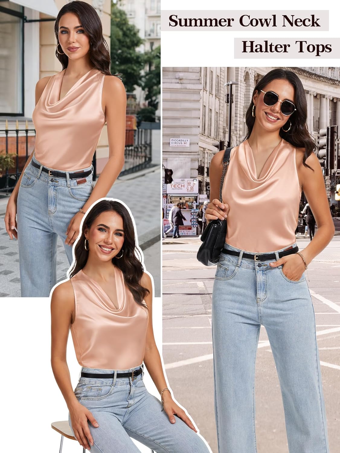 LAOTEPO Cowl Neck Halter Tops for Women Silk Satin Going Out Tank Top Trendy Summer Camisole Business Casual Blouses Outfits