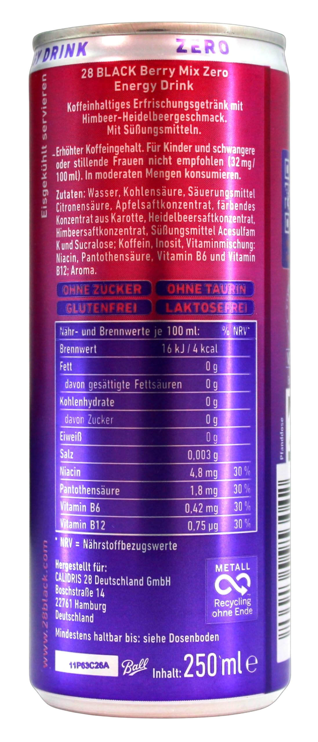 28 Black Energy Drink Berry Mix Zero, 24er Pack (24 x 0.25 l) EINWEG