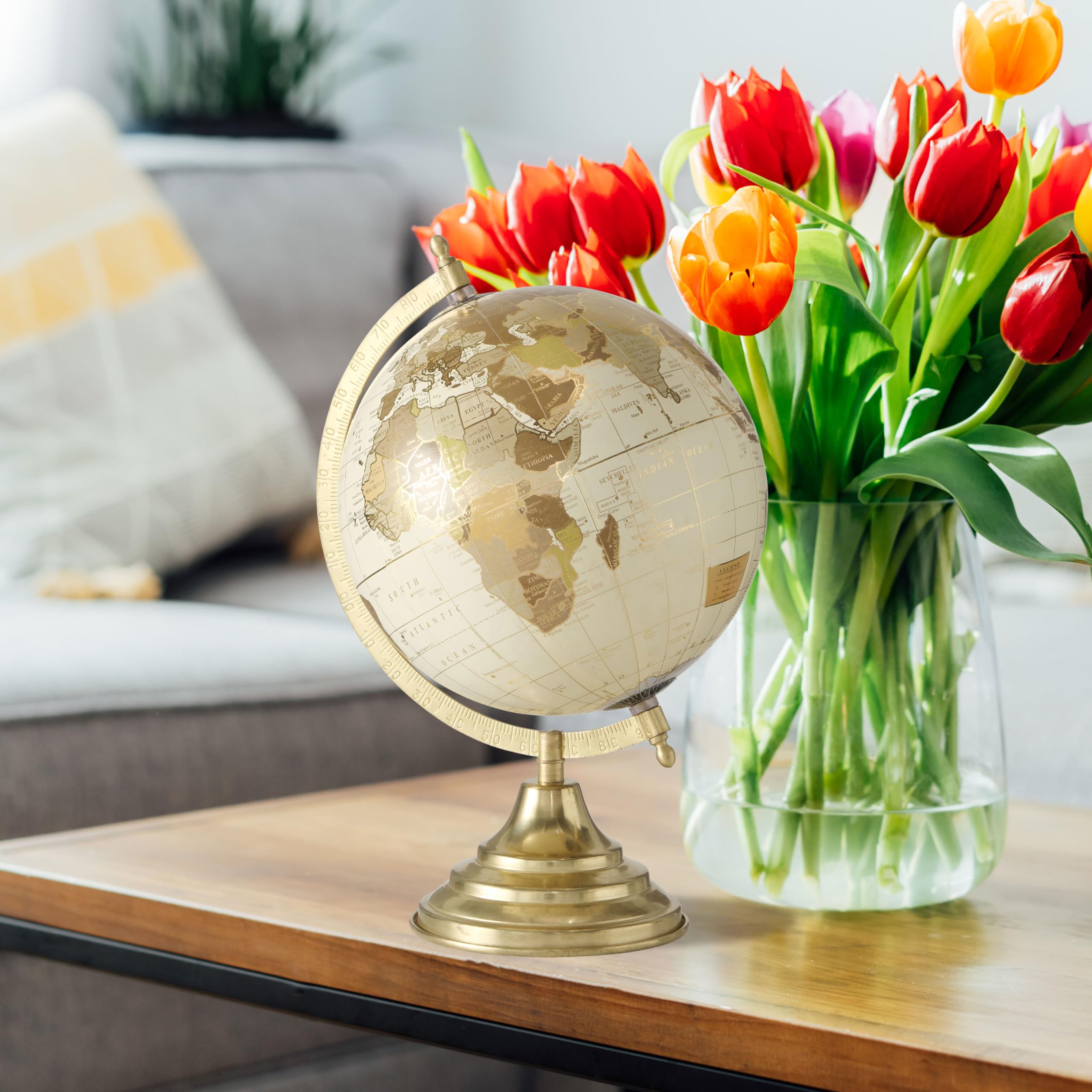 Explorers Globe, Incised Details, Ivory, Beige With Gold Accents, Mapped with Locations, Longitudes and Latitudes, Resin, Crescent Stand Mounted, Circular Gallery Base, 12.2 Inches Tall