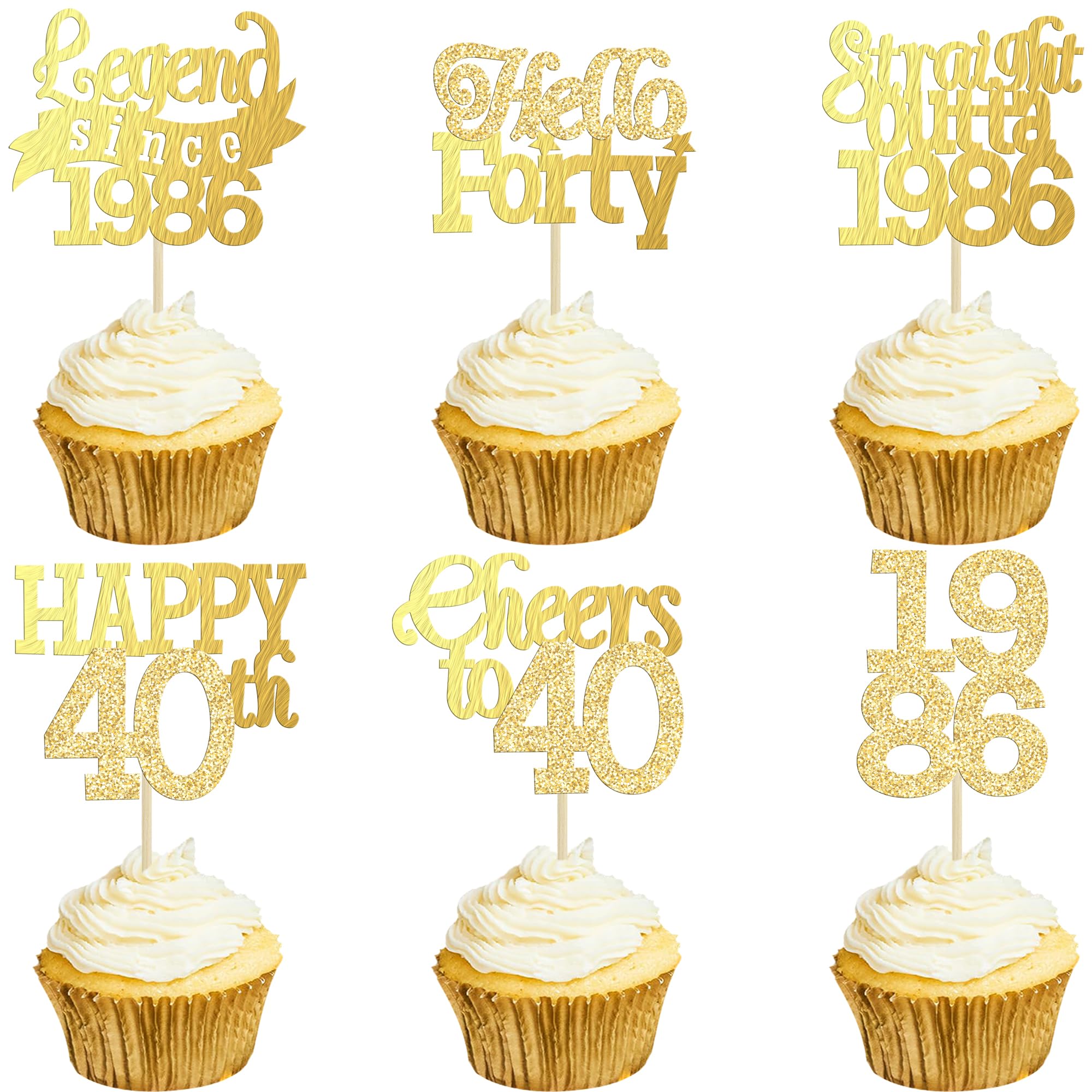 Gyufise 24Pcs Happy 40th Birthday Cupcake Toppers Hello Forty Legend Since 1986 Cupcake Picks Cheers to 40 Years Cake Decorations for 40th Birthday Anniversary Party Supplies Gold