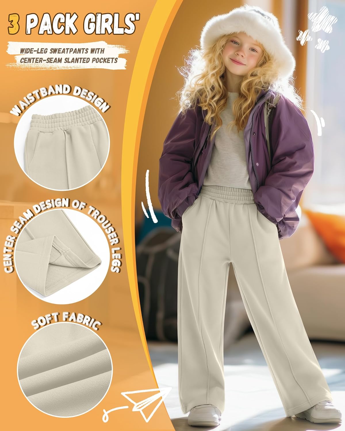 3 Pack Girls Sweatpants Kids Wide Leg Front Seam Pants Elastic Waist Baggy Causal Athletic Joggers with Pockets - Image 3