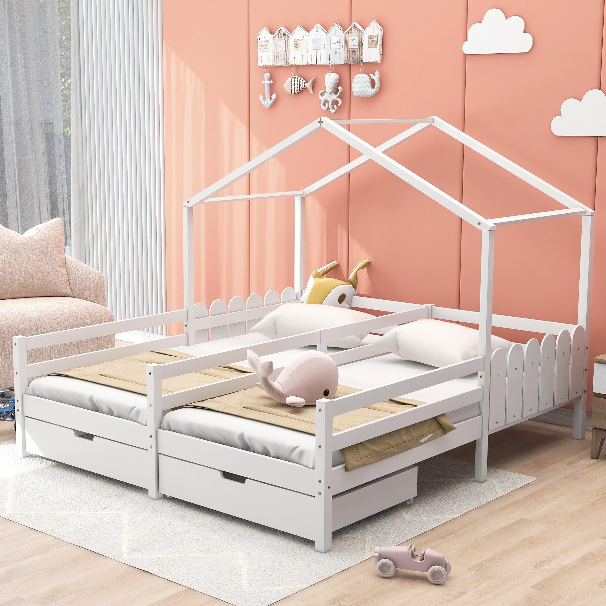TIZZ Cama infantil, cama doble, cuna con 2 cajones de MDF, cajones con ruedas, somier de láminas de pino, blanco (90 x 200 cm)