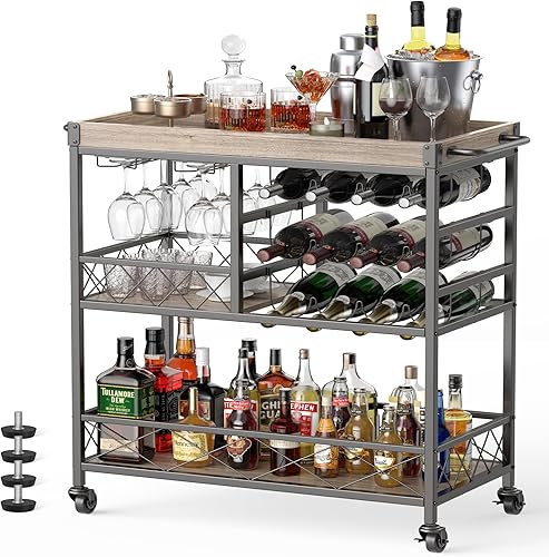 Gizoon Carrito de servicio de bar para el hogar de 3 niveles de 38 pulgadas con gran espacio de almacenamiento, carrito de almacenamiento móvil de