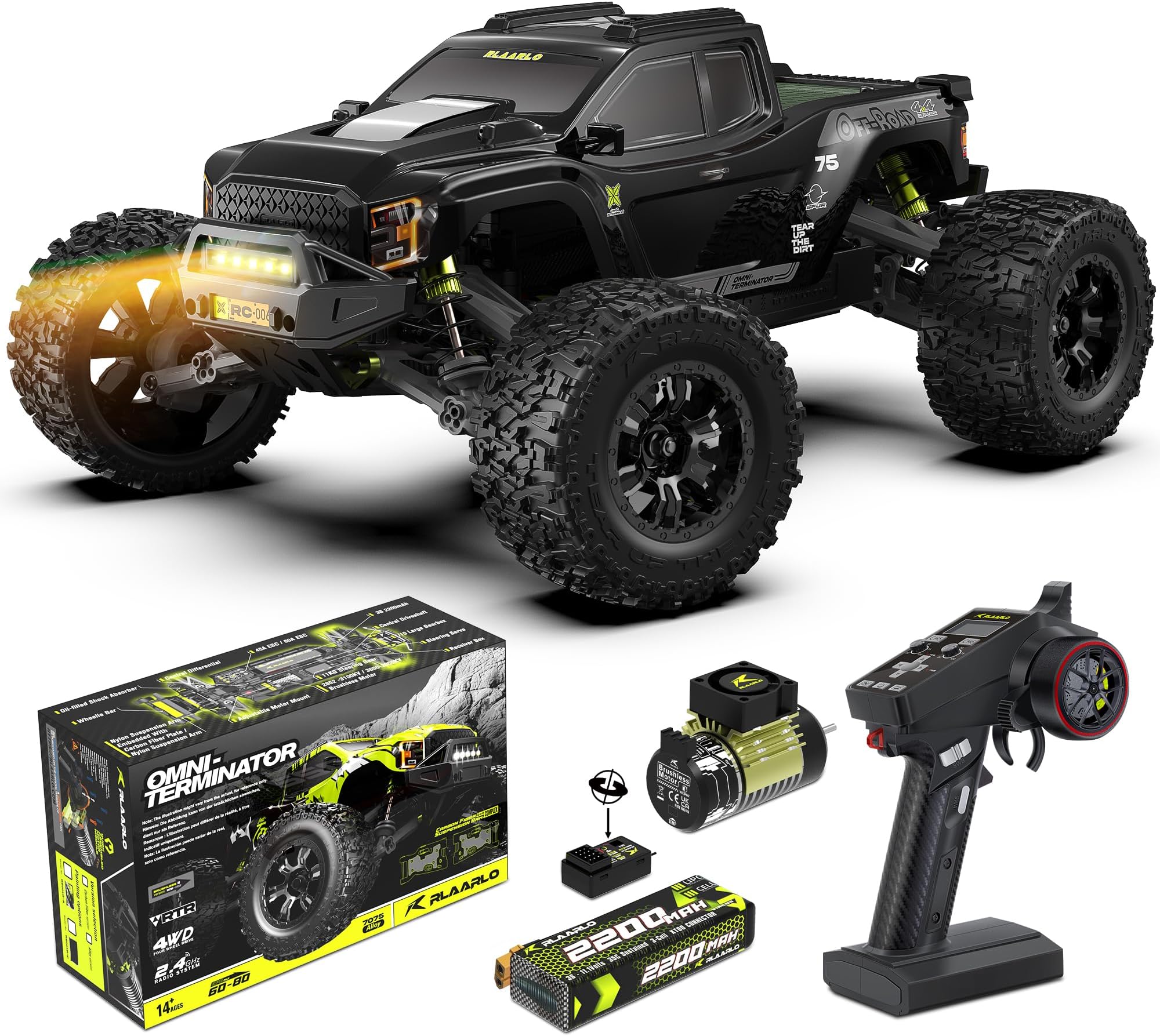 RIAARIO 1:10 Brushless Mini RC Car for Adults - Max 50km/h - All Terrain - Off-Road Electric Trucks - Monster 4WD - Waterproof Remote Control with Carbon Fiber
