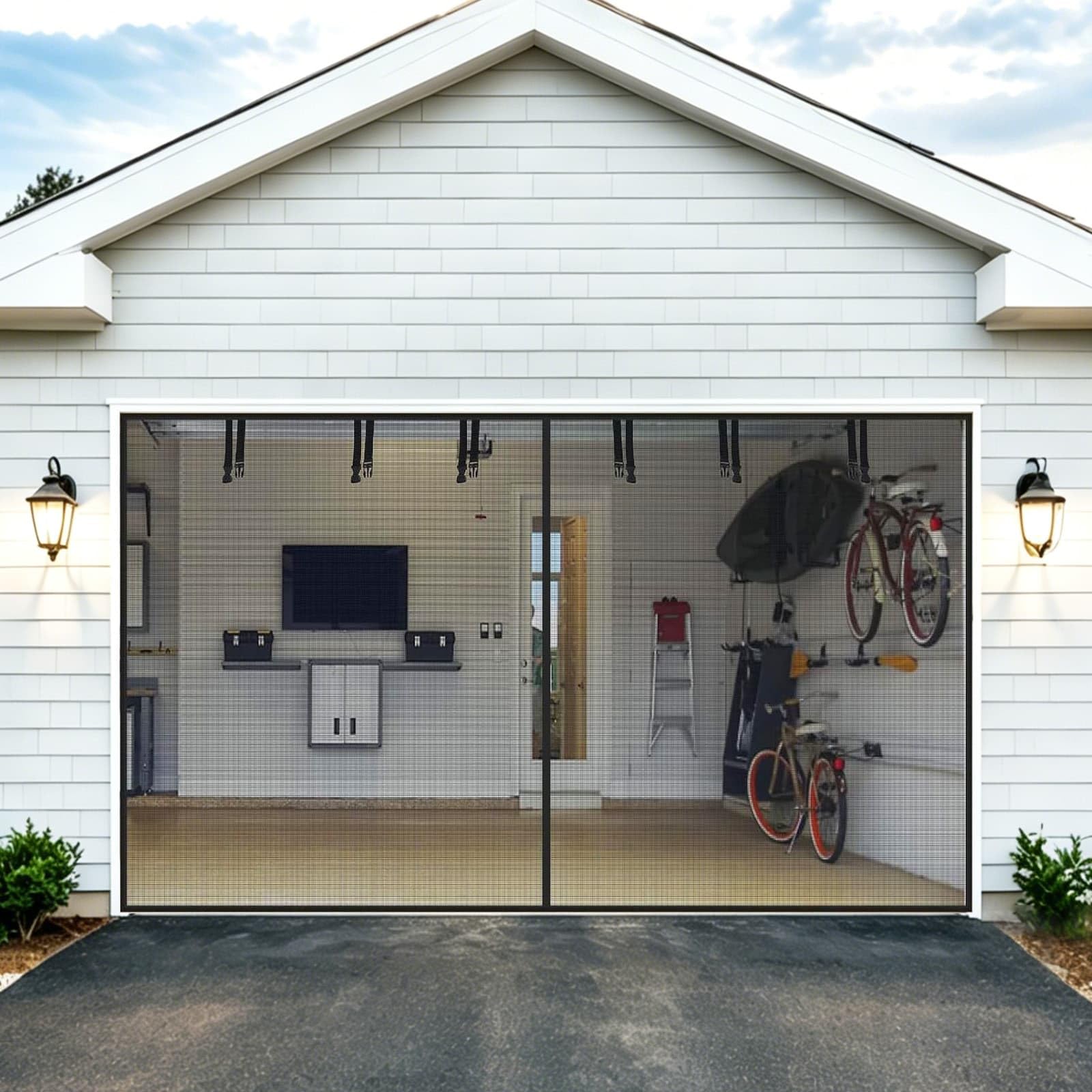 Garage Insect-Proof Screen Curtain, Fiberglass Door Curtains, No-Drill Magnetic Black Divider Curtain, Suitable for Balconies, Garages, Gardens, Patios，Porches (8x7FT)