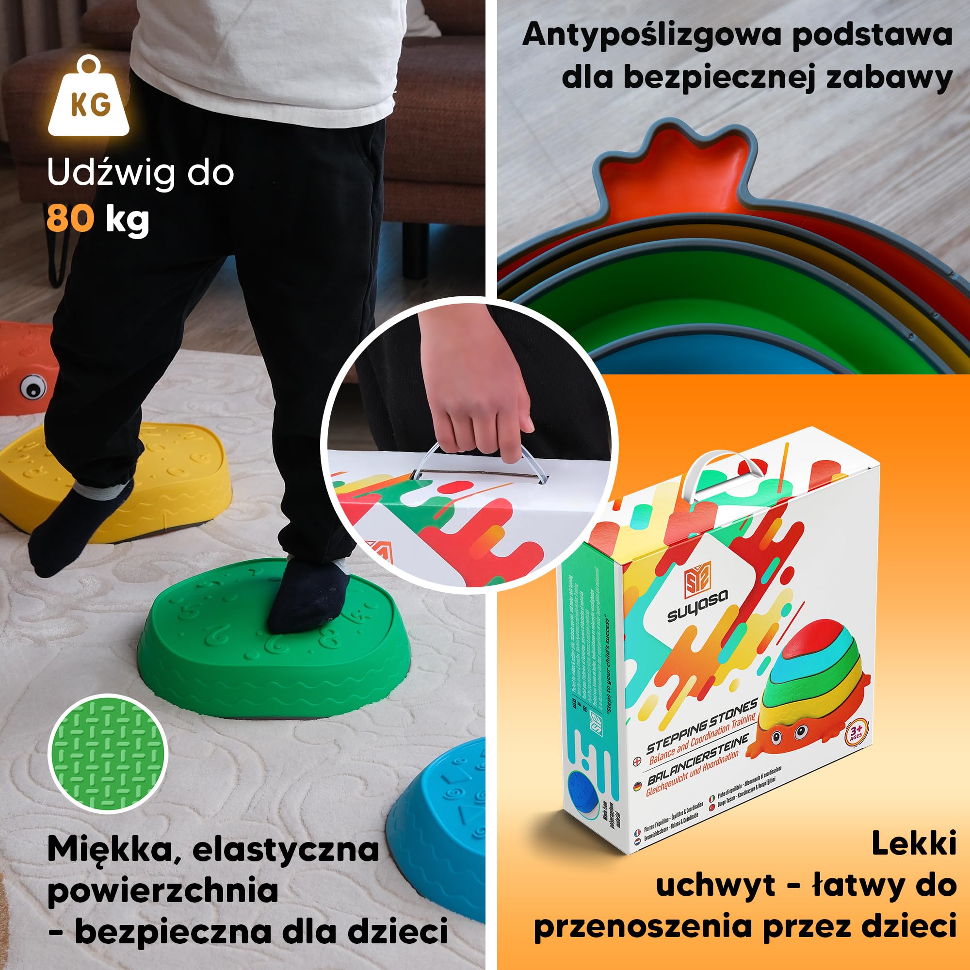 Kamienie do balansowania dla dzieci, antypoślizgowy tor przeszkód, 5 szt. | Od 3 lat, wypukłe motywy do nauki przez dotyk, spód TPE na parkiet i panele, udźwig 80 kg, 5 rozmiarów, do domu i ogrodu