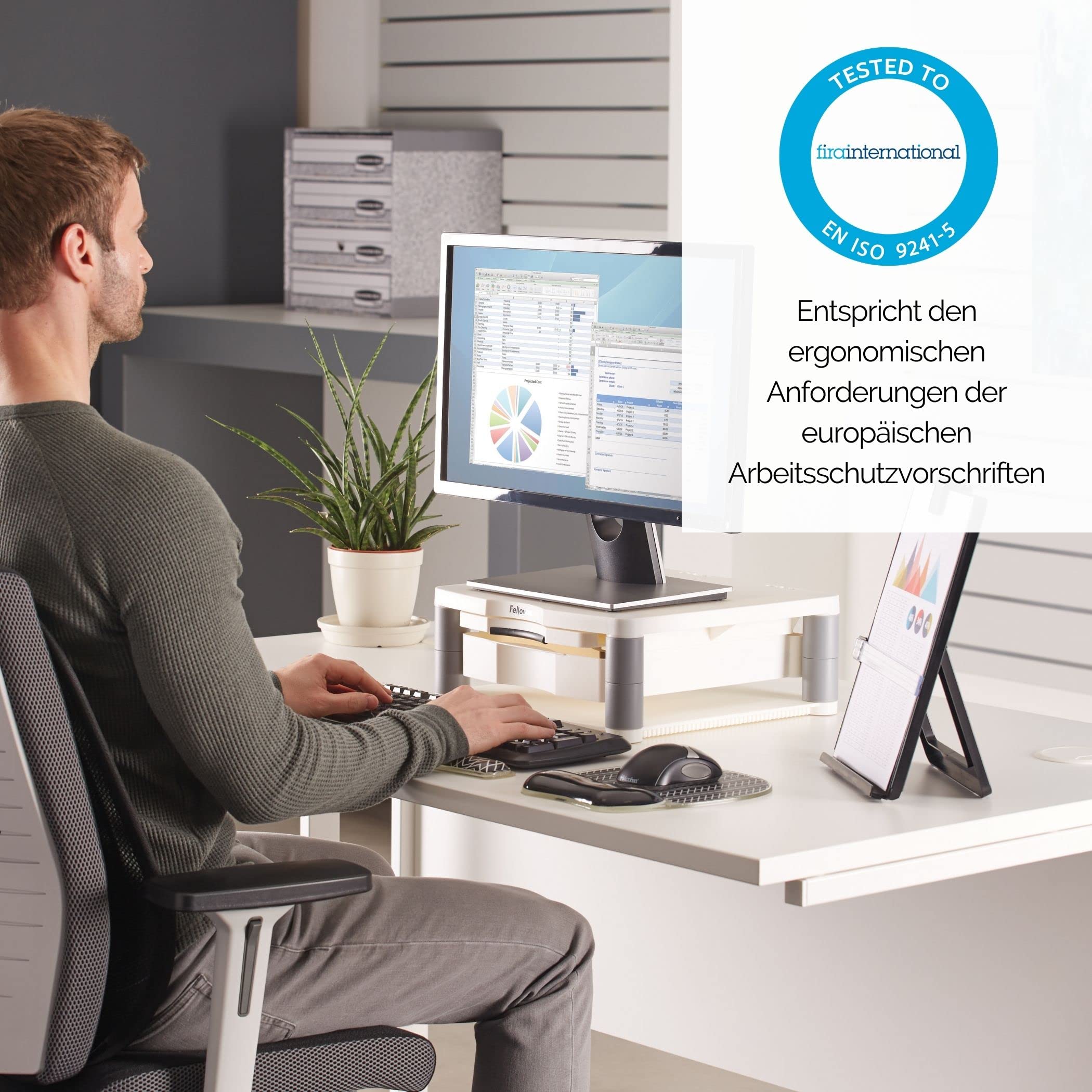 Fellowes Monitorständer Premium Plus, höhenverstellbar in 5 Stufen, ergonomisch, sehr stabil für Monitore bis 21 Zoll,, mit Schublade und Sichtfeld-Vorlagenhalter, weiß-grau