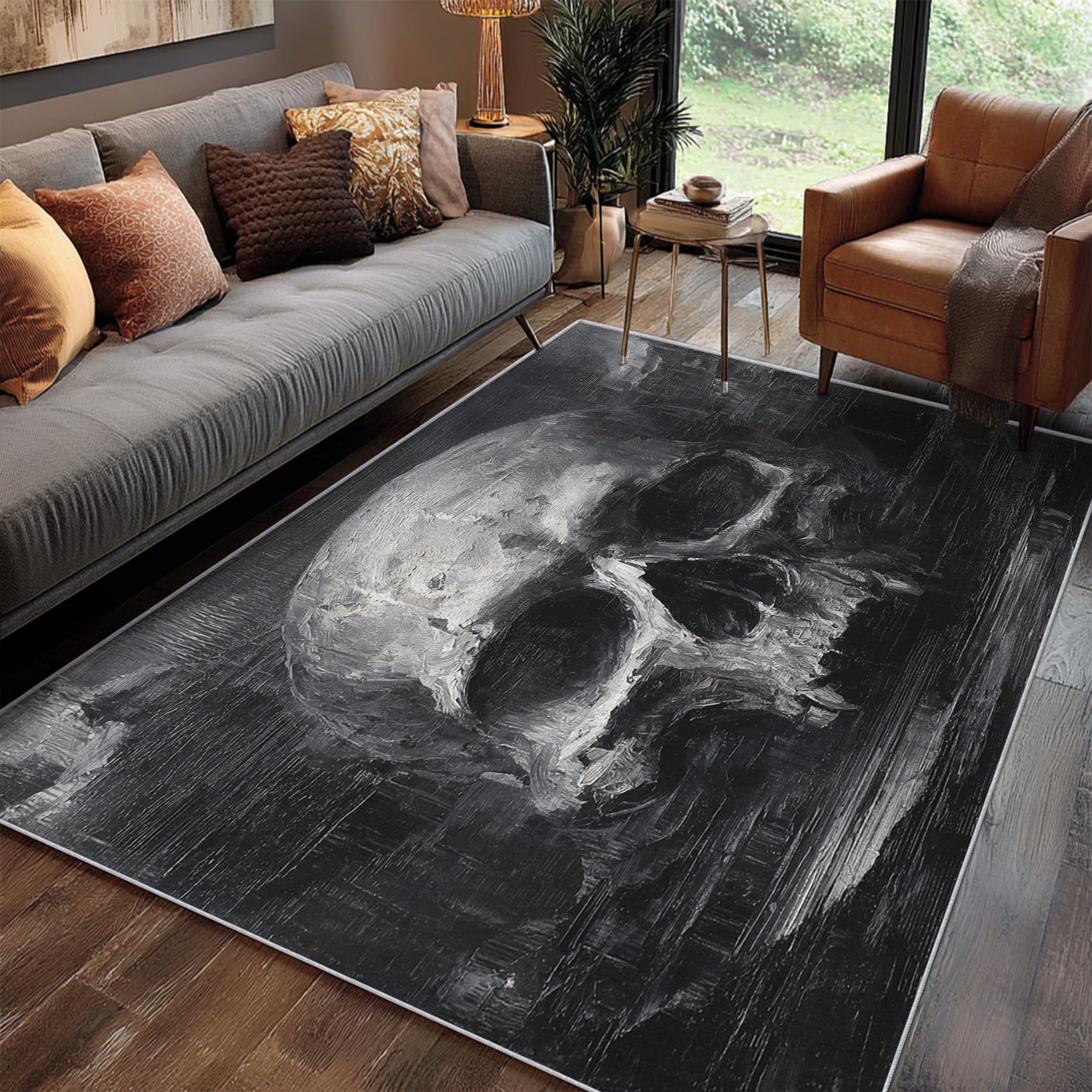 Skull Rug for Living Room 120 x 170 cm, 3D Goth Vintage Grey Horror Rugs Non Slip Low Pile Washable for Bedroom Kitchen, Skull Decor Carpet Home Accessories