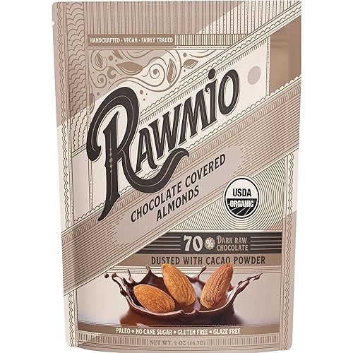 Rawmio Almendras cubiertas de chocolate - Orgánicas, crudas, veganas, 70% chocolate negro, 3 paquetes, 2 onzas.