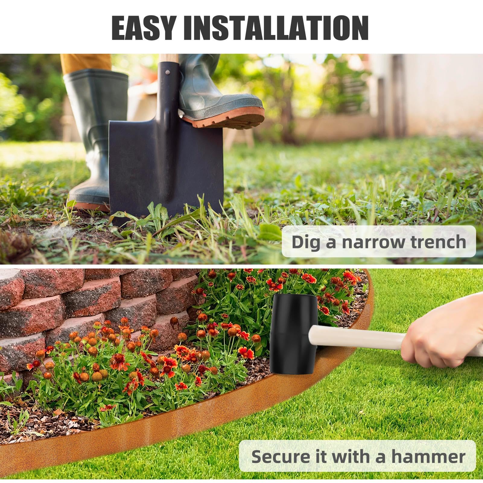 Borde de metal para césped, 10 m × 15 cm, borde de césped de hierro galvanizado con aspecto de corten, fácil montaje, diseño robusto Stay-in-Place, para cercado, empalizada de jardín, aspecto oxidado