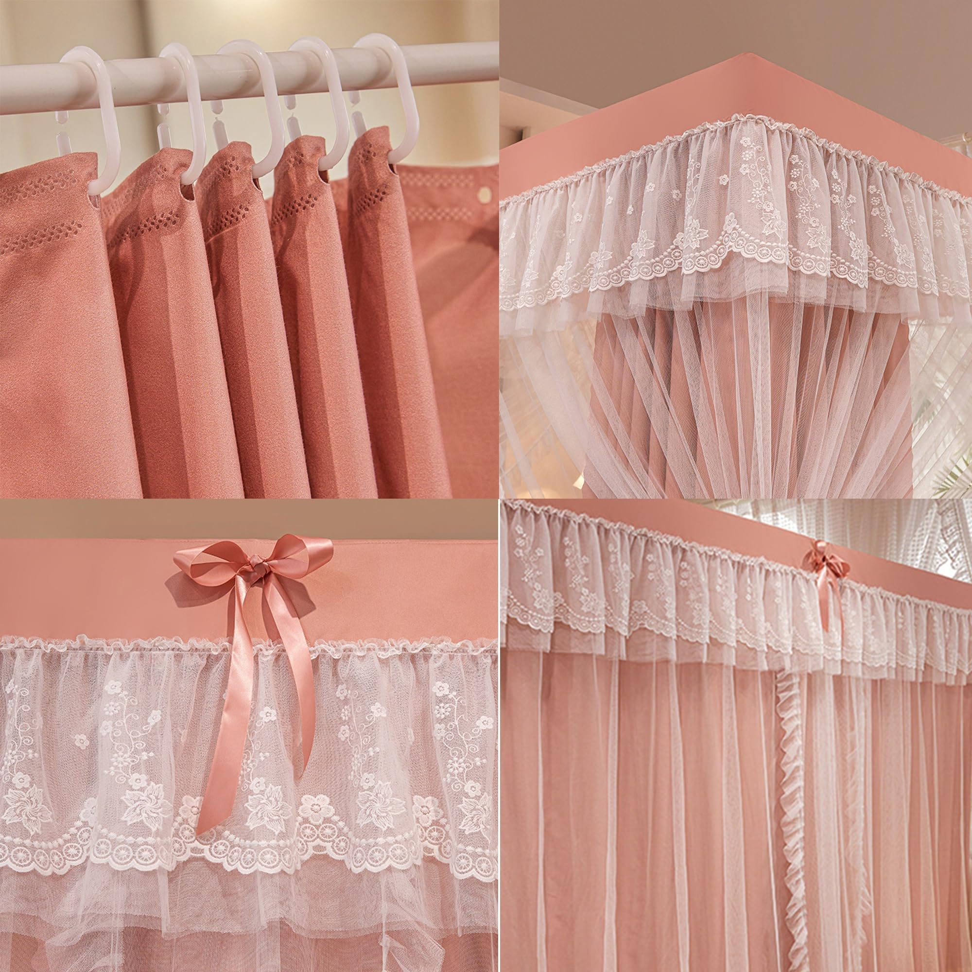 Himmelbett VorhäNge mit RüSchen, Prinzessin Canopy Bed Curtains, Drapiernetz mit 4 öFfnungen, Elegantes Moskitonetz für Mädchen und Erwachsene, Schlafzimmer, Dekoration,C,150 * 200cm* Without Stand
