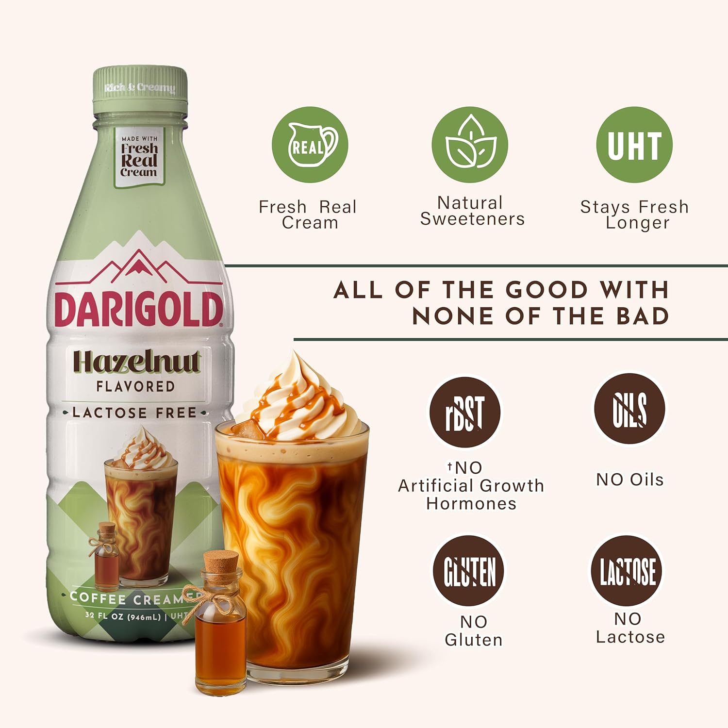 Darigold Lactose Free Hazelnut Coffee Creamer - UHT Pasteurized, Gluten Free, Kosher, rbST Free Coffee Creamer Liquid - Made with No Oils & Fresh, Real Cream - Hazelnut, 32oz (6 Pack)