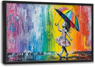 Olivine Graffiti Large Wall Art, Banksy Street Girl Pictures Wall Decor, Colorful Umbrella Painting, Pop Canvas Prints, Framed Artwork for Dining Room Living Room Bedroom Bathroom Office Home 36"x24"