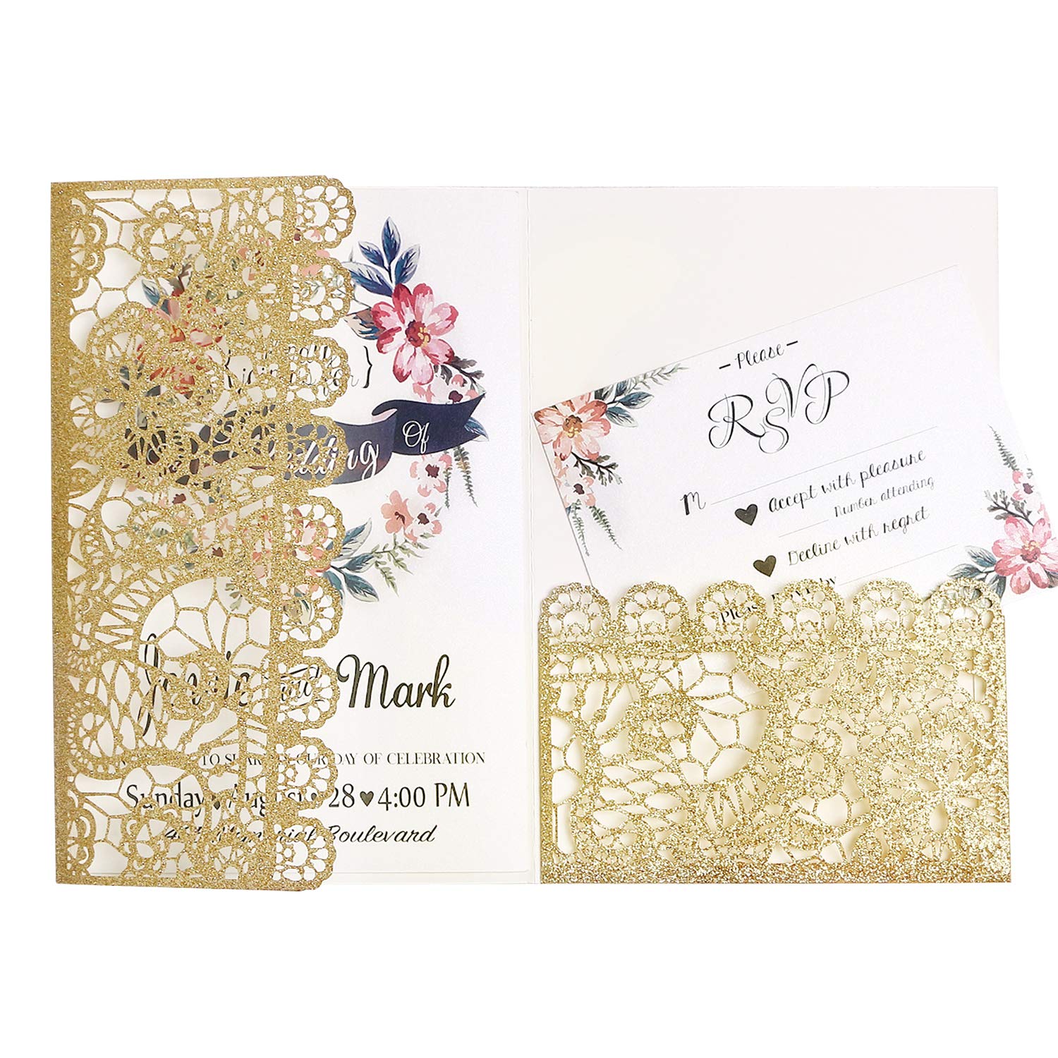 20pcs 3 Folds 5×7" Laser Cut Lace Flower Pattern Invitations Cards for Birthday Baby Shower Wedding Rehearsal Dinner Invites Birthday Invites (Golden Glitter)