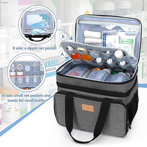 Miniatura 10 de LUXJA Bolsa de medicina de 2 capas con divisor desmontable, organizador de botellas de píldoras adecuado para uso doméstico o de viaje, puntos grises