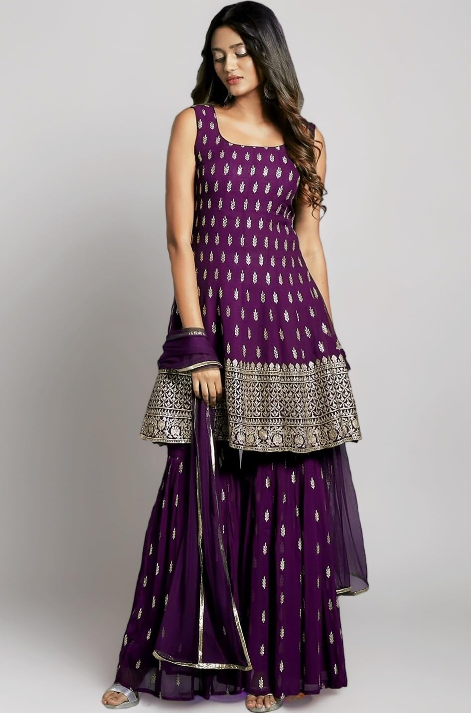 Women's Embroiderd Work Navyblue Color Weding Wear Anarkali Kurta Sharara Set