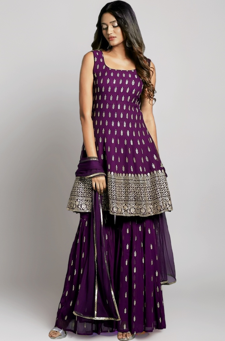 Women's Embroiderd Work Navyblue Color Weding Wear Anarkali Kurta Sharara Set