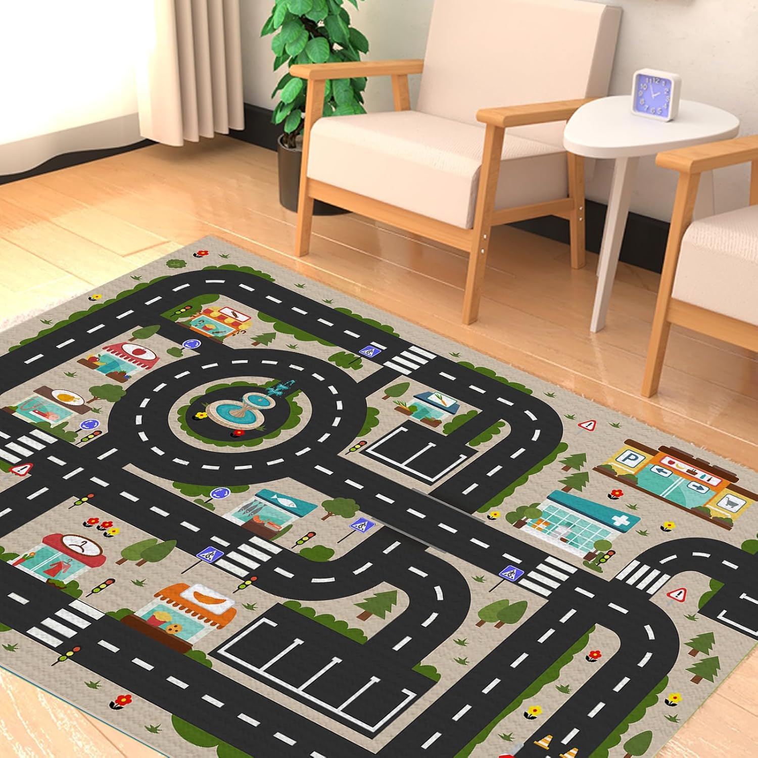 Analog ABC Kids Rug Playroom Car Play Mat City Life Road Rug for Cars Fun City Map for Carpet for Bedroom Boys (31 * 47 inches, Evening City)