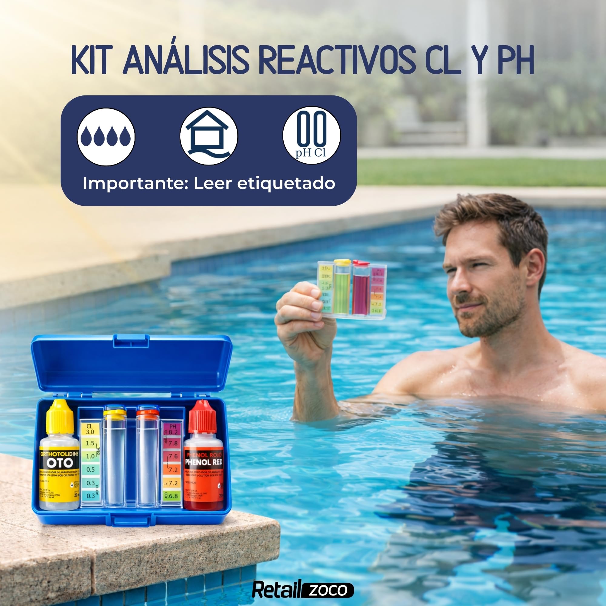 Test Kit Cloro y pH, Medidor del Cloro y PH del Agua de la Piscina, Accesorios Piscina Básico, Apto para cualquier tipo de agua, Contiene Phenol y OTO en gotas — view 2