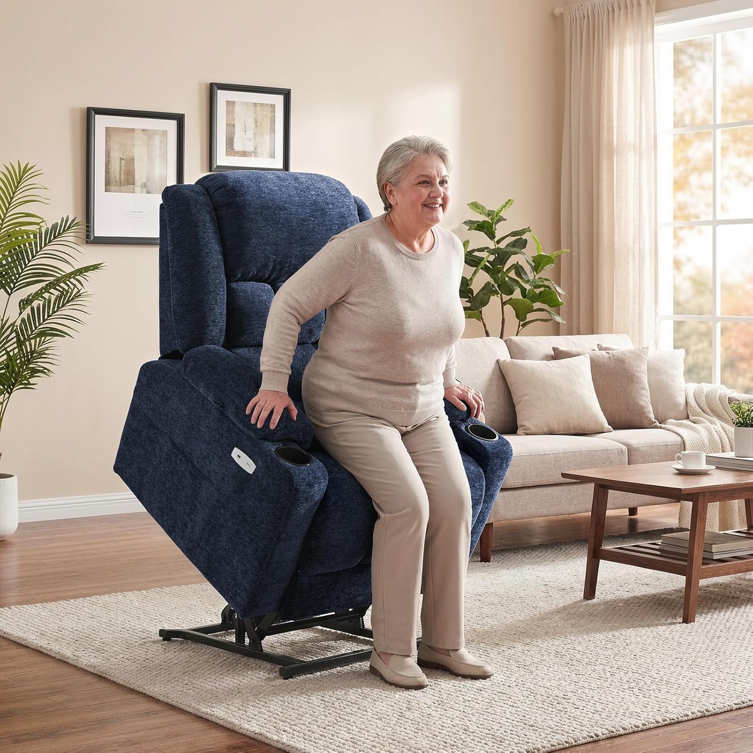 EONIX Dual Motor Lay Flat Power Lift Recliner Chair for Elderly, Electric Recliner Lift Chair for Adults with Cup Holders, 400lbs Heavy Duty Power Lift Sofa with Heat and Massage, Navy Blue