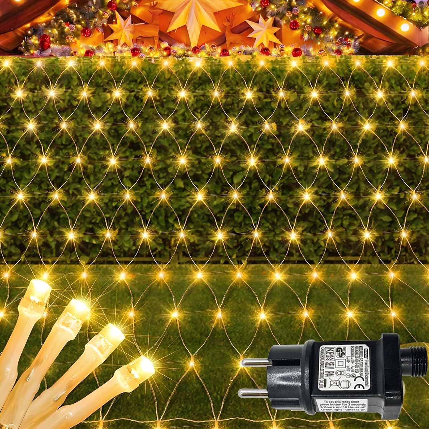 Hopelit Lichternetz Außen 1,5x1,5m 100 LED Lichterkette Netz Erweiterbar, Lichterkette Außen mit Stecker Timer, 9 Modi Lichternetz Innen für Büsche Garten Balkon Zimmer Weihnachten -Warmweiß