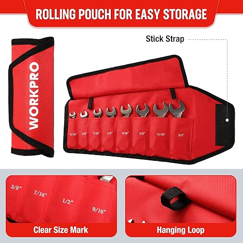 Miniatura 8 de WORKPRO Juego de llaves de trinquete antideslizantes de 9 piezas y 8 piezas de llaves combinadas de trinquete de cabeza flexible SAE