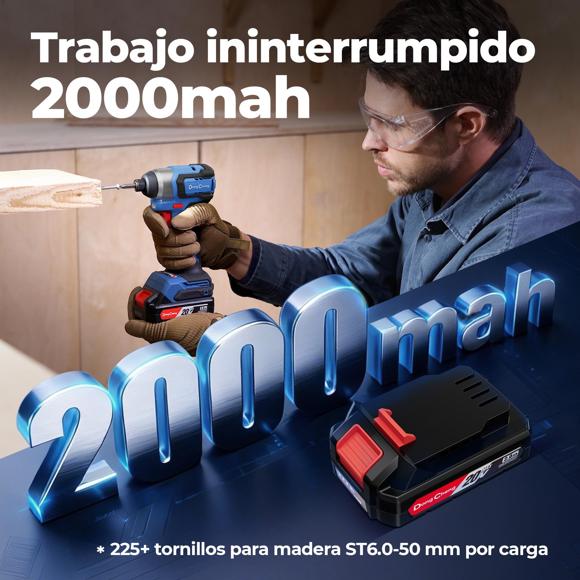 Dong Cheng Atornillador de impacto 20V sin escobillas 165Nm, 2 baterías | Para trabajos de atornillado pesados, Arranque suave, Autoperforante, Hex 6,35mm, 3+1 velocidades