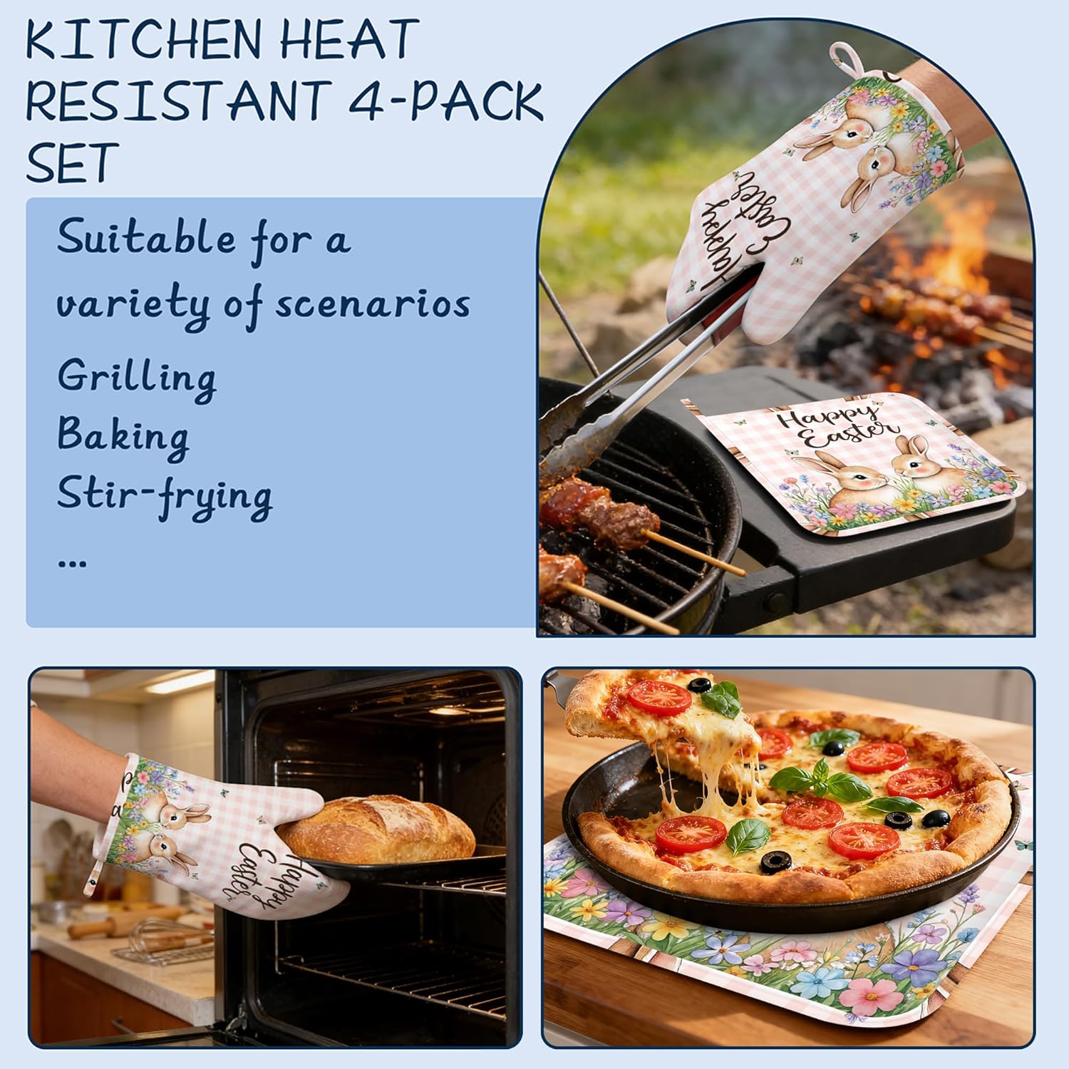 Cute Rabbits Pot Holders and Oven Mitts,Happy Easter Oven Mitts Heat Resistant Cotton Lining Anti-Slip Silicone Kitchen Mitts Set Hot Pads for Microwaves Cooking Baking Grilling