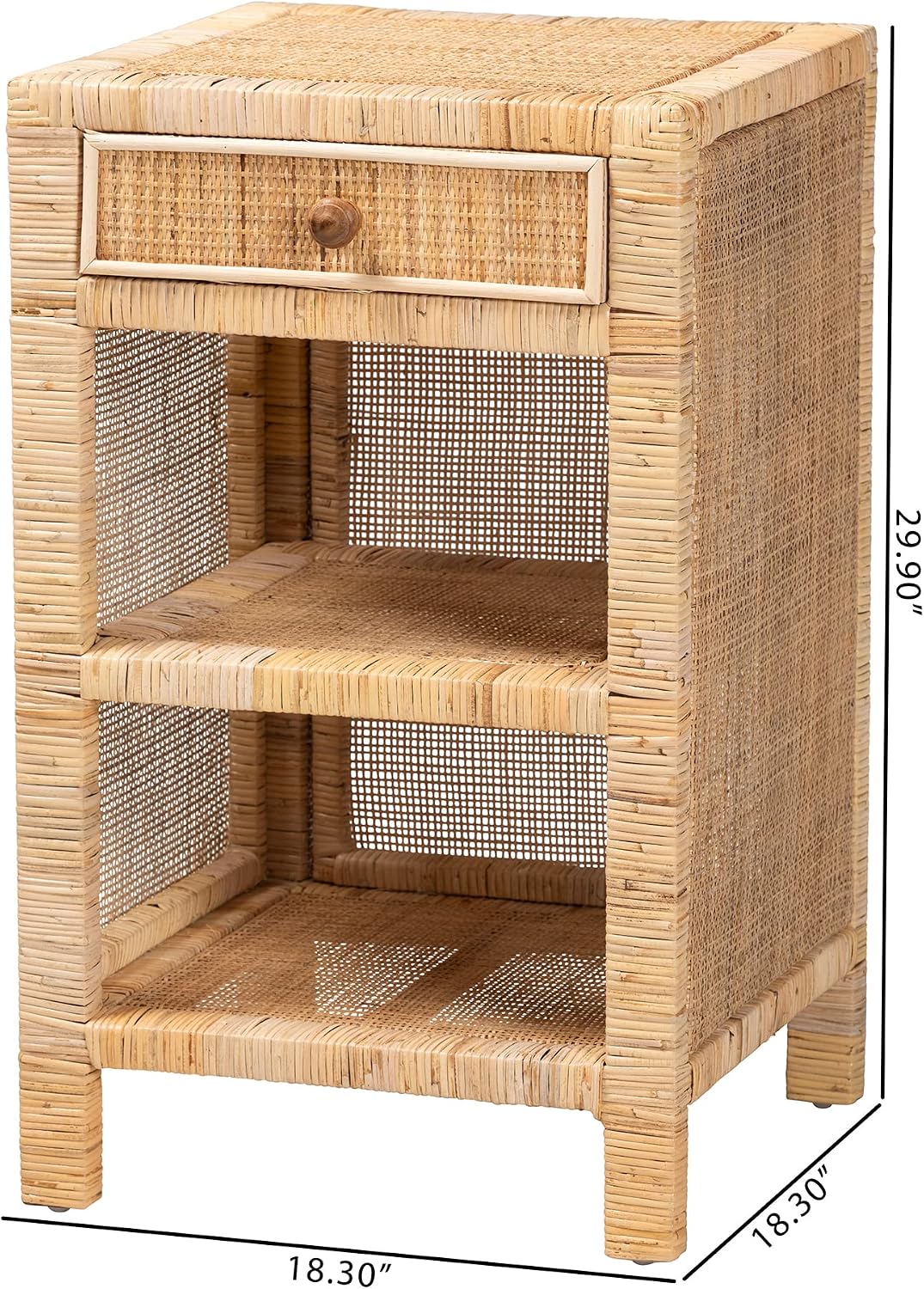 bali & pari Bella Modern Bohemian Natural Mahogany Wood and Natural Rattan 1-Drawer Nightstand