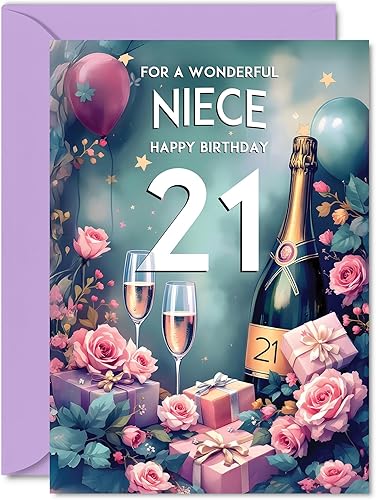 21st Birthday Card Niece - Pink Presents Champagne Bottle - Gorgeous Pretty Beautiful Birthday Cards for 21 Year Old Woman Women - 21st Birthday Gifts For Niece