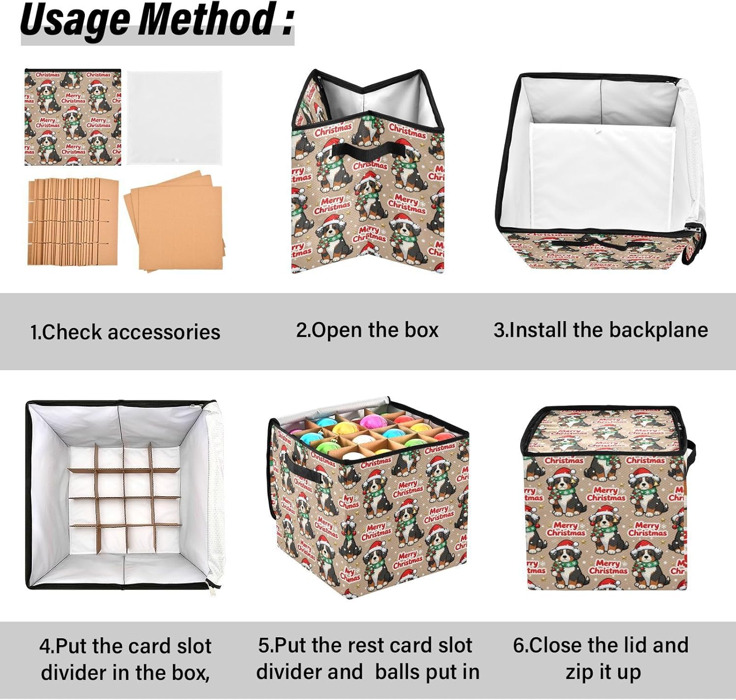 High Capacity Christmas ornament organizer Holds Up to 64, Adjustable Dividers, Zippered Top, Two Handles stackable Holiday Storage Case with Lid,Merry Christmas Brown Bourne Hill