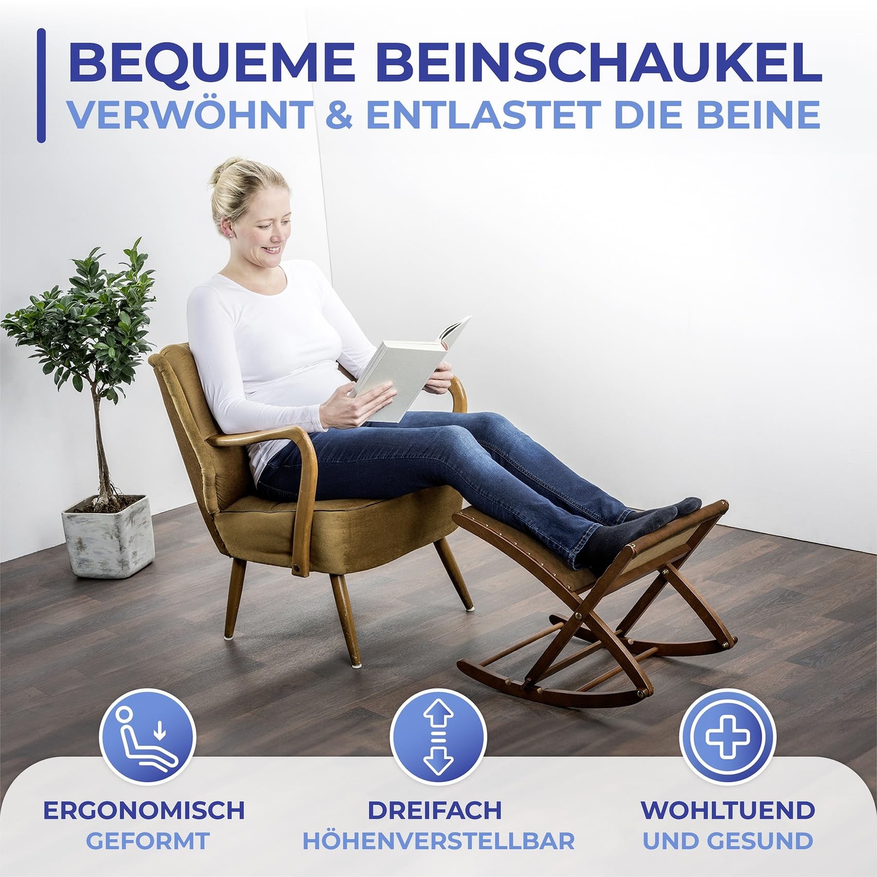 Maximex Beinschaukel, verwandelt Stuhl in gemütlichen Fernsehsessel, 3-Fach verstellbar, Massivholz-Gestell mit weichem Kunstleder-Polster, klappbar, 32x36cm