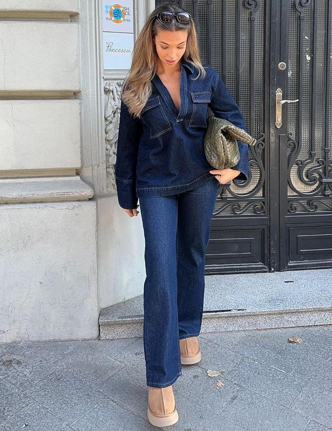 Womens Denim Top Pullover Long Sleeve V Neck Jean Top Oversized Loose Fit Denim Shirt Women Casual Blouses Fall - Image 5