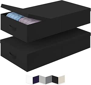 NEATERIZE Under Bed Storage Bins With Lids [Set of 2] Long Flat Stackable Underbed Storage Containers For Organizing Clothing, Shoes, toys, Blankets, and Linen. Garage Boxes. (Large-Black)