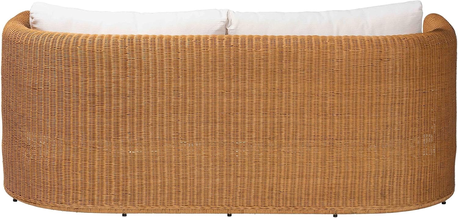 Bali & pari Carina Natural Rattan Sofa with Cushion - Handwoven 3-Seater Couch with U-Shaped Sculptural Frame and Deep Seating for Boho, Coastal, or Tropical Living Spaces